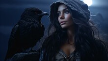 A Woman With A Hoodie And A Crow On Her Shoulder