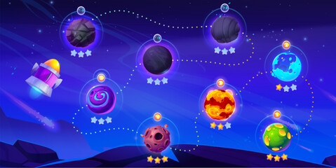 Wall Mural - ui level map for galaxy space game vector cartoon. fantasy background with rocket to play mobile vid