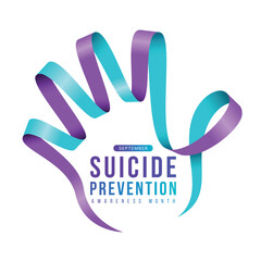 Wall Mural - Suicide prevention awareness month text in Teal and purple ribbon awareness sign with roll waving to hand stop shape vector design