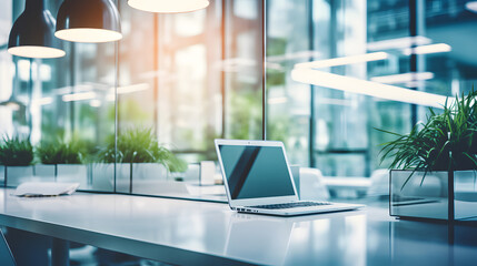 Beautiful blurred background of a light modern office interior with panoramic windows and beautiful lighting
