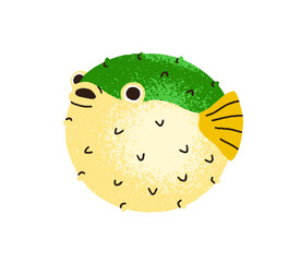 Wall Mural - Funny puffer fish. Cute tropical exotic pufferfish, spiked blowfish, round spiky balloonfish. Sea marine water animal of sphere shape. Flat vector illustration isolated on white background