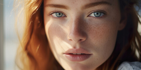 A freckled young woman with natural beauty, her face illuminated by the Nordic sunlight.