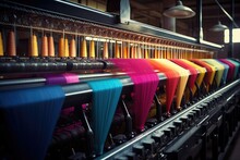 This Photo Displays Colored Silk Threads Wound On Machines In A Textile Workshop.

 Generative AI