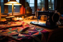 This Workspace Showcases A Vibrant Modern Quilt In Progress, With Scattered Fabric Scraps And A Detailed Sewing Machine. Under Warm And Inviting Soft Lighting, This Workspace Maximizes C Generative AI