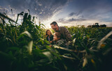 Fototapeta  - A farmer and his two children in a cornfield at sunset, with farm equipment in the background. Generative ai