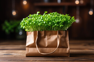 Wall Mural - microgreens in a paper bag, the concept of buying or selling microgreens, healthy food, veganism