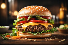Huge Close-up Hamburger With Cheese And Vegetables. AI Generation.