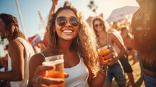 Young Happy Friends Drinking Beer And Having Fun At Music Festival Together. Beach Party, Summer Holiday, Vacation Concept. Friendship And Celebration Concept