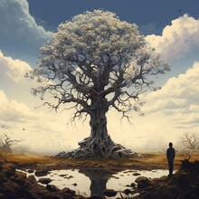 Man Looking At The Skull Tree, Digital Art Style, Illustration Painting