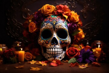 Day of the Dead Sugar Skull and Ofrenda Amidst Flowers and Lights
