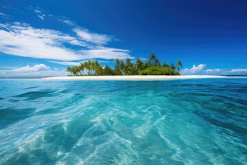 Wall Mural - Small tropical island with palm trees in the middle of an ocean in daylight. Paradise and sea horizon.