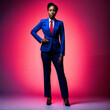 © Flash - photo of smart african woman with business suit at neon mxied red and blue light sci fi background, generative AI