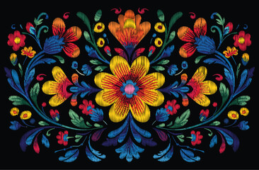 Wall Mural - Mexican flower traditional pattern background. Mexican ethnic embroidery decoration ornament. Flower symmetry texture. Ornate folk graphic, wallpaper. 