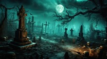 The Moon Shining On A Haunted Graveyard. Halloween Background Concept.