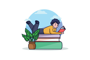 Wall Mural - Boy is reading concept with people scene in the flat cartoon design. Design portraying a boy joyfully reading in a creatively illustrated world. Vector illustration.