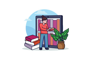 Wall Mural - e-books concept with people scene in the flat cartoon design. the girl downloads all the books to he