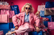Photo of pretty millennial model lady and many packs shopper enjoy tourism abroad sales wear fluffy jacket sun specs isolated pink background