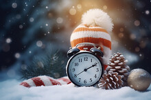 Alarm clock and Christmas decorations in the snow. New Year and Christmas concept.