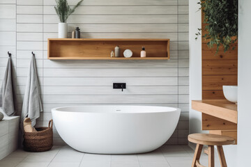 Wall Mural - Small beautiful bathroom with scandinavian looking interior design, modern looking space.