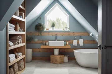 Wall Mural - Small beautiful bathroom with scandinavian looking interior design, modern looking space.