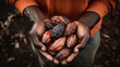 Close-up partial view of a farmer holding organic cacao . Generative AI. 