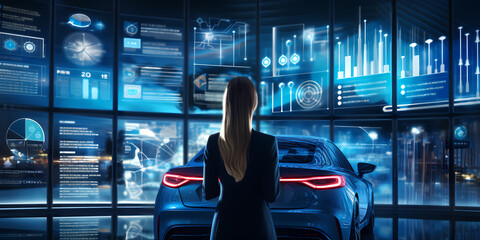 Ai marketing and insurrace tool concept,Businesswoman looking modern computer dashboard vitual innovation insurance online for car, travel, family and life, financial and health insurance.