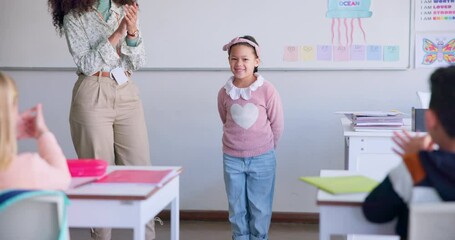 Wall Mural - class, presentation success and child speaker with applause and cheering in classroom at school. you