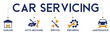 Car servicing banner website icons vector illustration concept with an icons of garage, auto mechanic, service, repairing, maintenance on white background