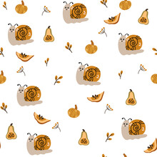 Autumn Pattern With Snails, Pumpkins And Leaves. Creative Background For Fabric, Textile, Scrapbooking And Prints. Vector Illustrations For Kids.