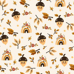 Wall Mural - Autumn pattern with acorns, berries, rainbows and foliage. Acorn character. Creative background for fabric, textile, scrapbooking and prints. Vector illustrations for kids.