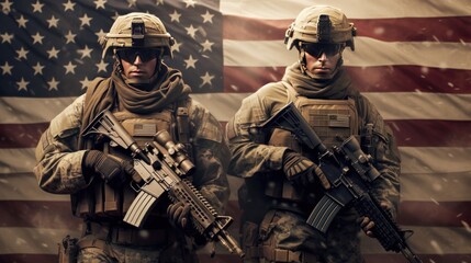 Sticker - Two soldiers with assault rifles on the background of the American flag.