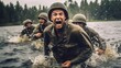 Group of soldiers fighting in the river. War in Russia. World War II.