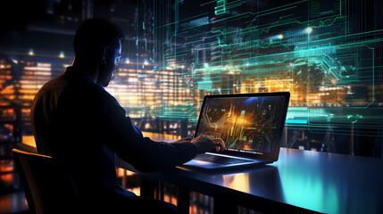 Computer, screen hologram and person coding, software development or programming script in cybersecurity. Night, laptop research and programmer or IT people on html code, expansion or 3d data in dark
