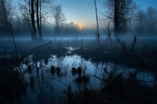 Swamp Foggy Morning Lake. Generate Ai