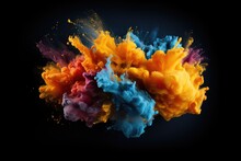 Colorful Liquid Explosion Under Water On Black Background. Abstract Backdrop With Color Splashes. Underwater Explosion Paint.