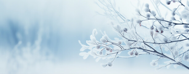 Poster - christmas card. tree branches covered with frost on a blurred blue background, legal AI