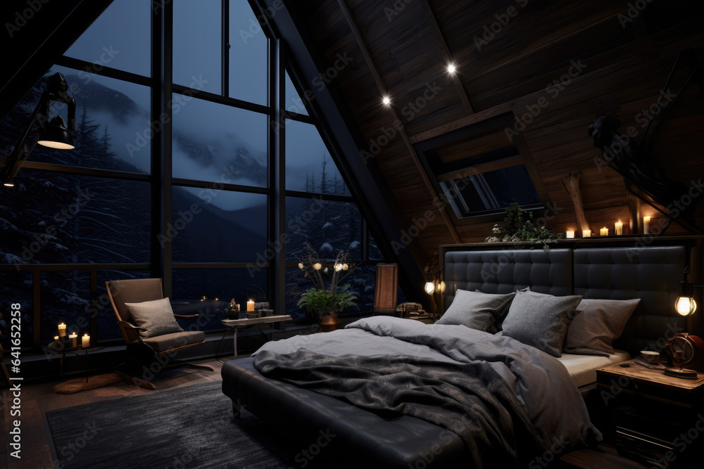 cozy cabin bedroom interior in dark tones, generative AI Stock Photo ...