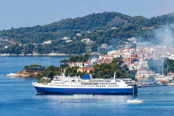 Sticker - Ferry boat in the Mediterranean Sea Aegean island of Skiathos, Greece