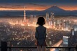 A woman looking at the skyline of a metropolitan city, manga art.