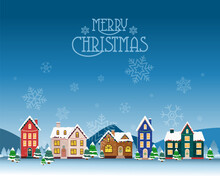 Happy New Year And Merry Christmas Winter Old Town Street. Xmas Town City Panorama Greeting Card