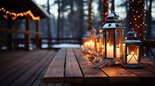 Lantern With Candle On Wooden Table With A Festive Christmas