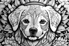 Printable Coloring Page Of Cute Dog On White Background - Mandala Theme. Image Created Using Artificial Intelligence.