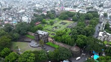 Drone Footage Of Shaniwar Wada Fort In Pune, India. Indian Historical Fortification In The City Of Pune. Fort Situated In Centre Of Pune City. Indian Architecture. Smart City India
