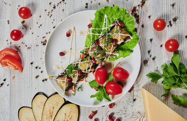 Wall Mural - Dinner table with meat grill, roast new potatoes, vegetables, salads, sauces, snacks and lemonade, top view.