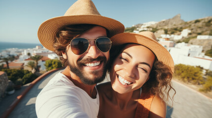 Wall Mural - Selfie picture of a young happy couple outside on vacation , handsome boyfriend and beautiful girlfriend having fun on summer holiday