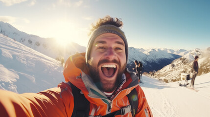 Selfie picture of young happy skier outside , man having fun on weekend activity in ski resort vacation doing winter sport