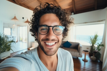 Selfie picture of a happy young handsome millennial man smiling at the camera in the living room in a modern home