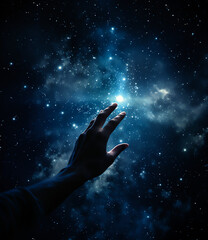 Wall Mural - reaching for the stars. hand in front of the clear night sky. generative ai