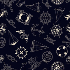 Wall Mural - nautical marine sailing elements patchwork wallpaper abstract vintage vector seamless pattern