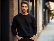 © Pemika - Attractive young man wearing blank empty black t-shirt long sleeves mockup for design template